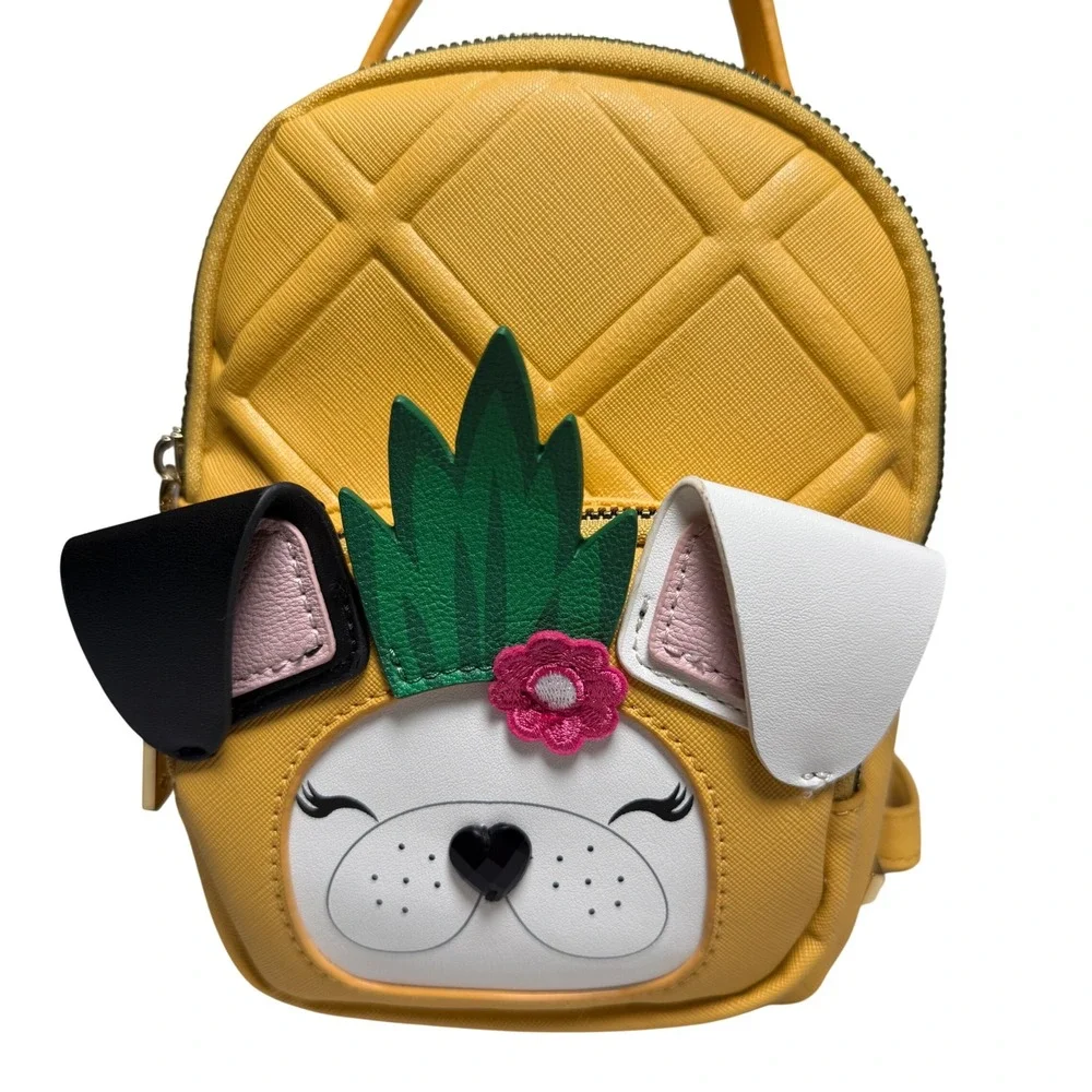 Betsey Johnson Yellow French Bulldog Pineapple Mini Backpack Quilted Tropical